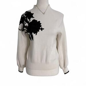 Anthropologie Applique Mock White/Black Embroidered Floral Sweater Top Size XS